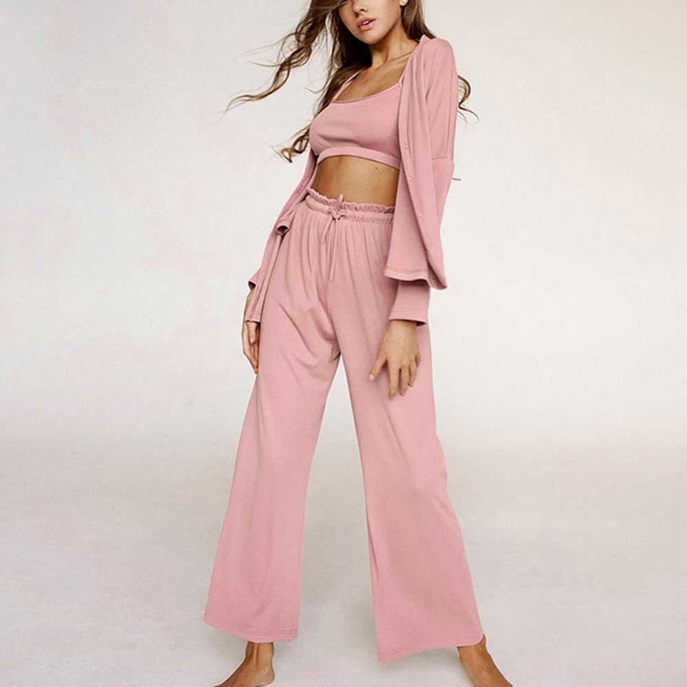 Women's Solid Color Pajamas Loungewear Long Pants Three pieces set