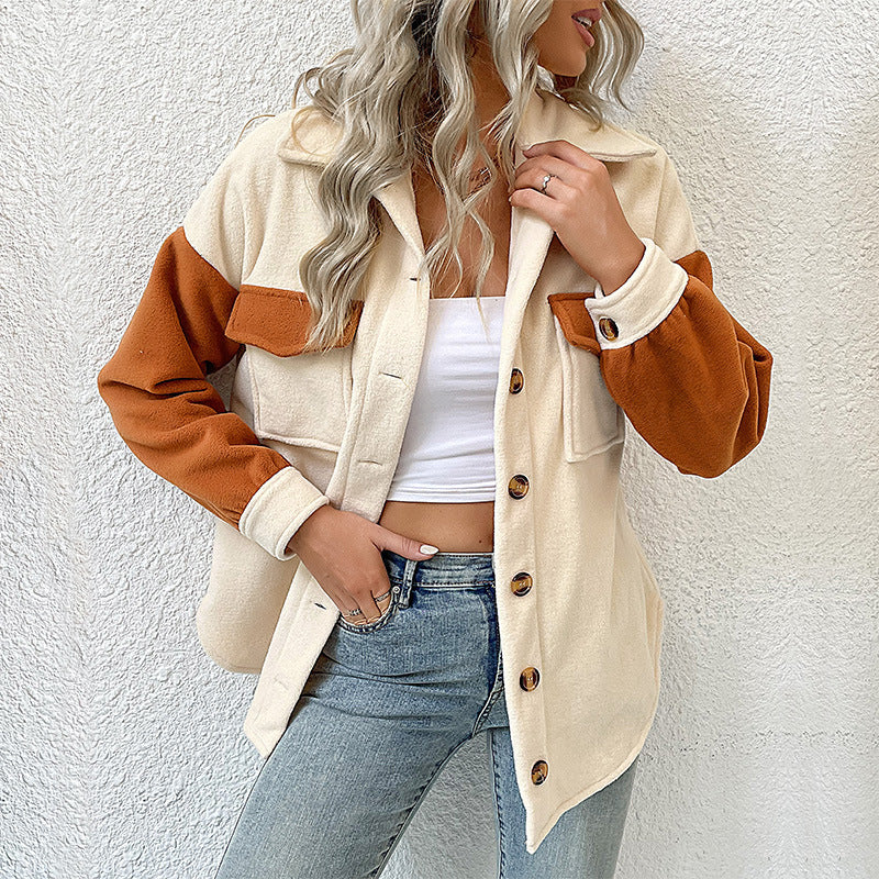 Women's fashion lapel color-block long-sleeved polar fleece jacket