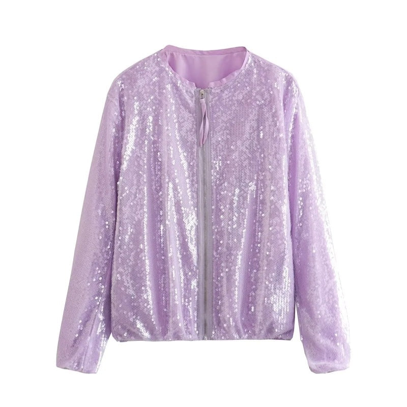 Women's round neck sequined motorcycle bomber jacket tops women's baseball uniform