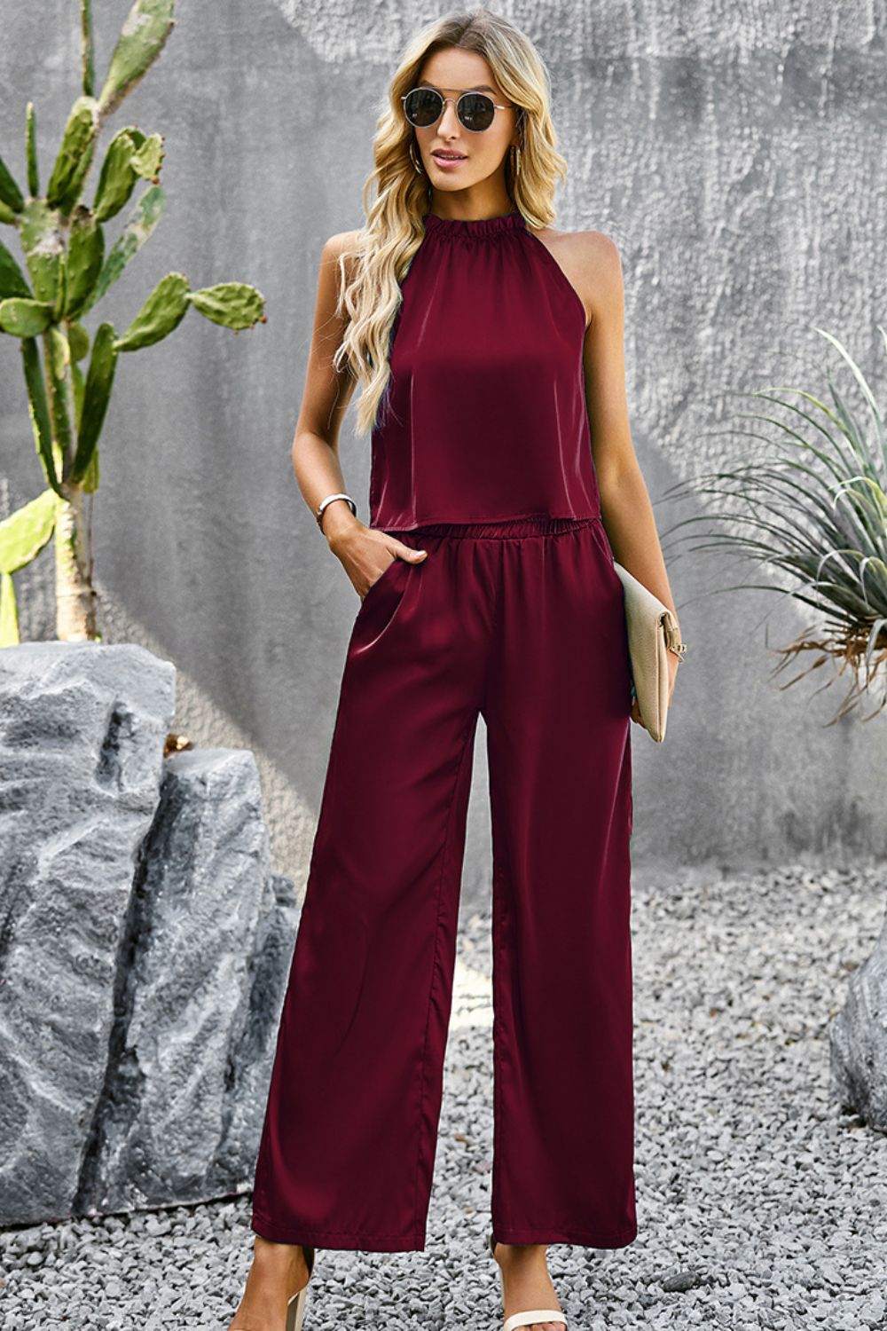 Grecian Neck Sleeveless Pocketed Top and Pants Set