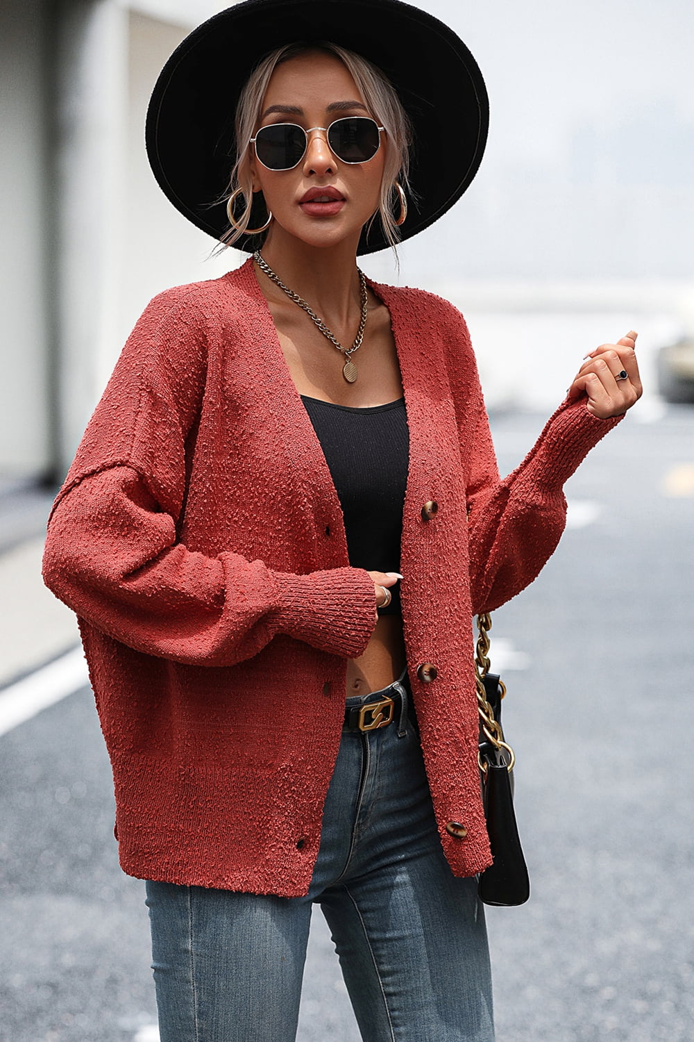 Button-Up Dropped Shoulder Cardigan