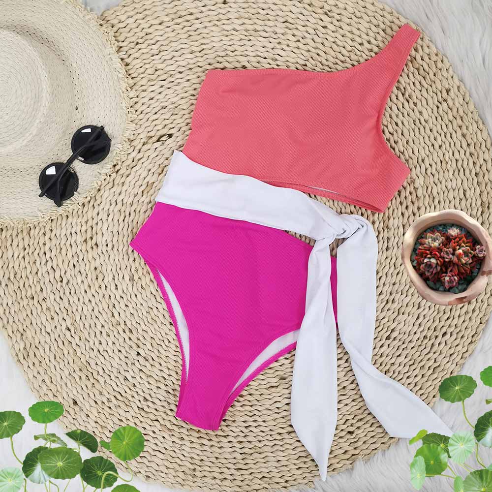 Solid Color One-Shoulder Swimsuit Belt Bikini Swimwear