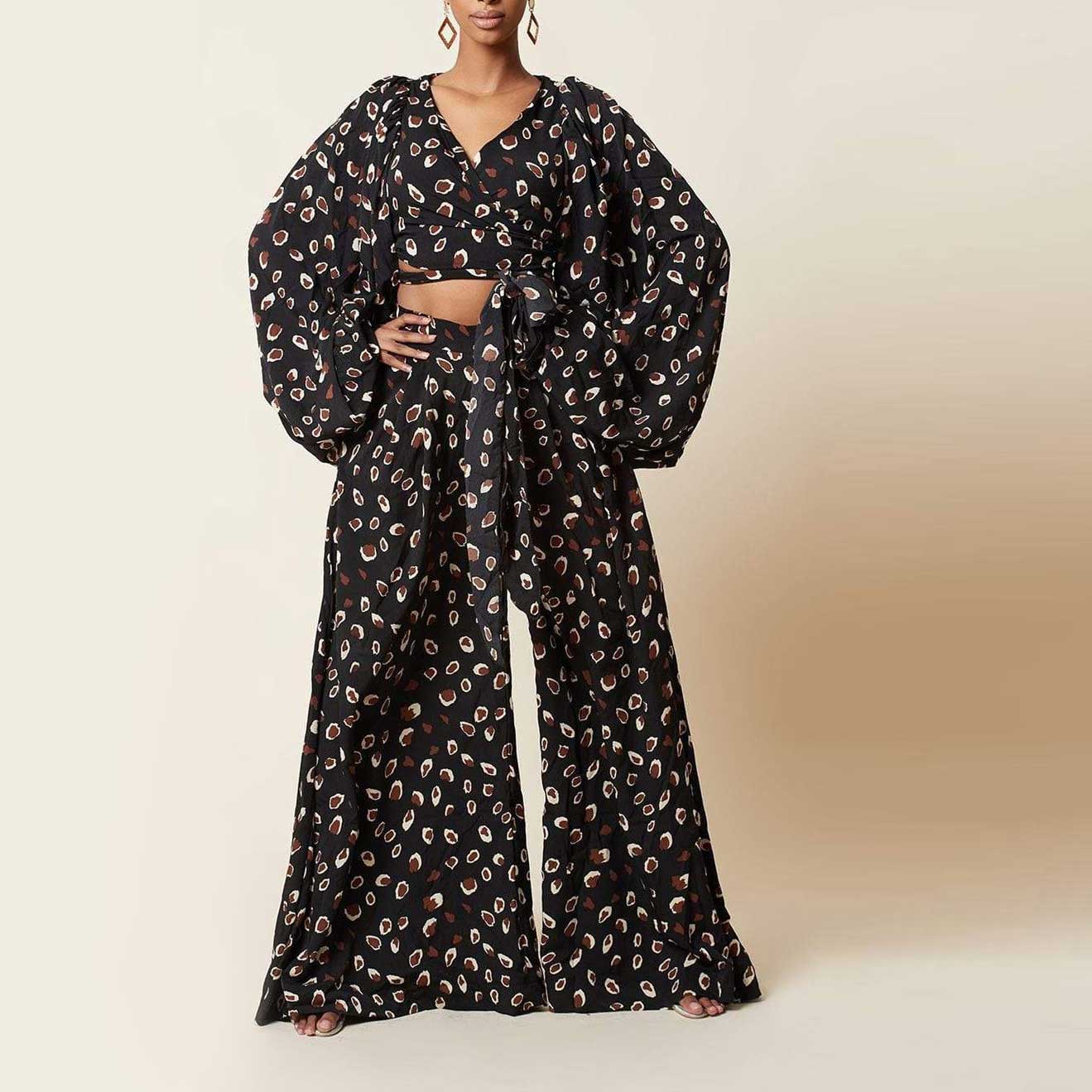 Leopard Digital Print Lace-Up Cardigan Lantern Sleeve Top Loose Wide Leg Pants Fashion Set