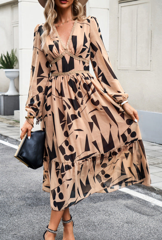 Women's resort casual printed V-neck long-sleeved dress