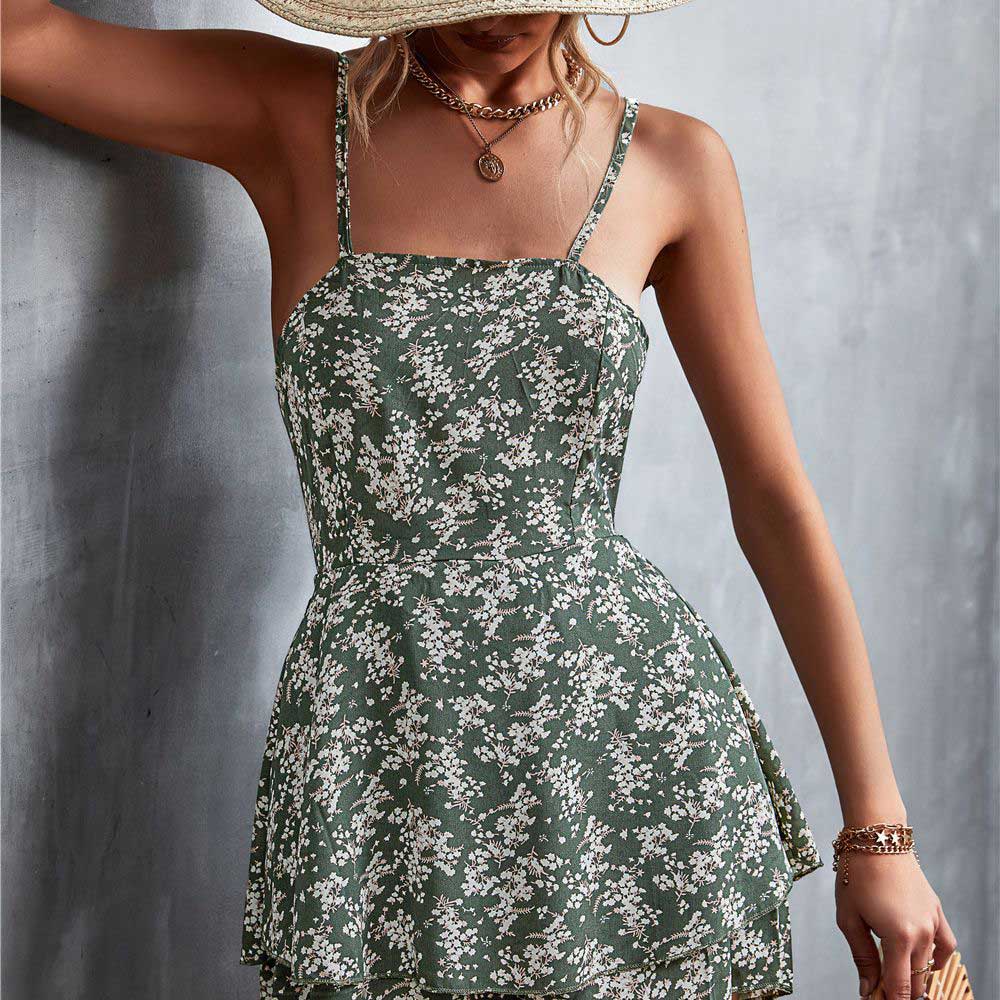 Sexy Backless Floral Shorts Lace Up Jumpsuit Beach Backless Dress