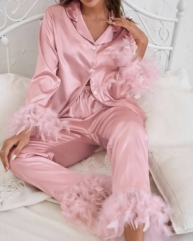 Women's ostrich feather shirt and trousers loose two-piece feather home clothes