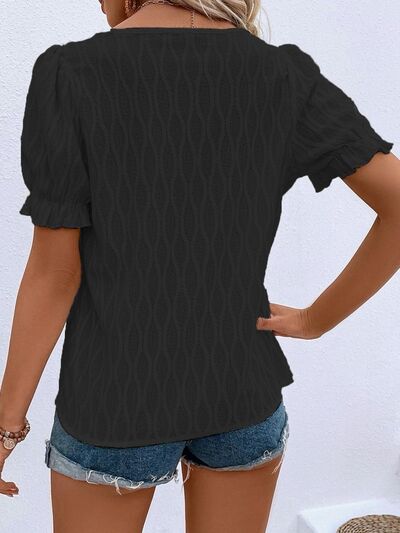 Ruffled Notched Short Sleeve T-Shirt