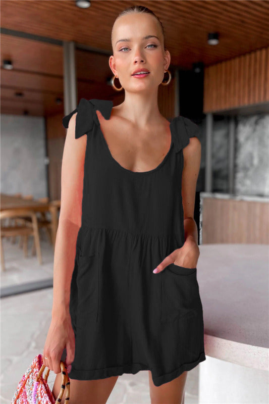 Sleeveless Bow Knot Pocket Casual Jumpsuit