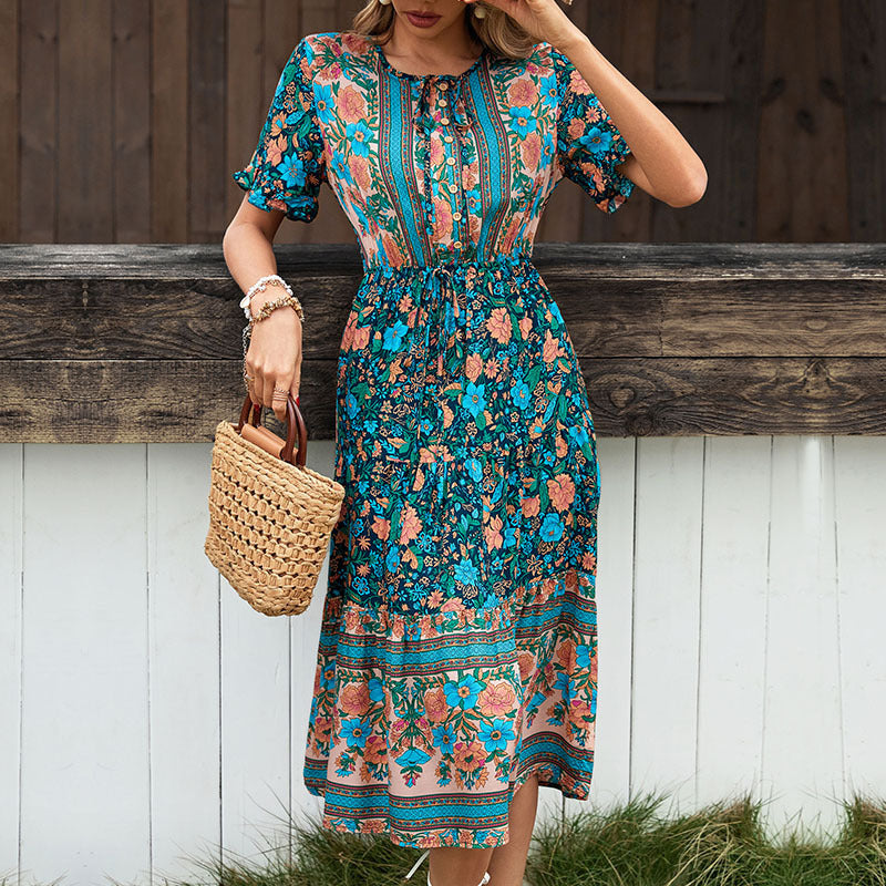 Bohemian Resort Print Button Tie Dress