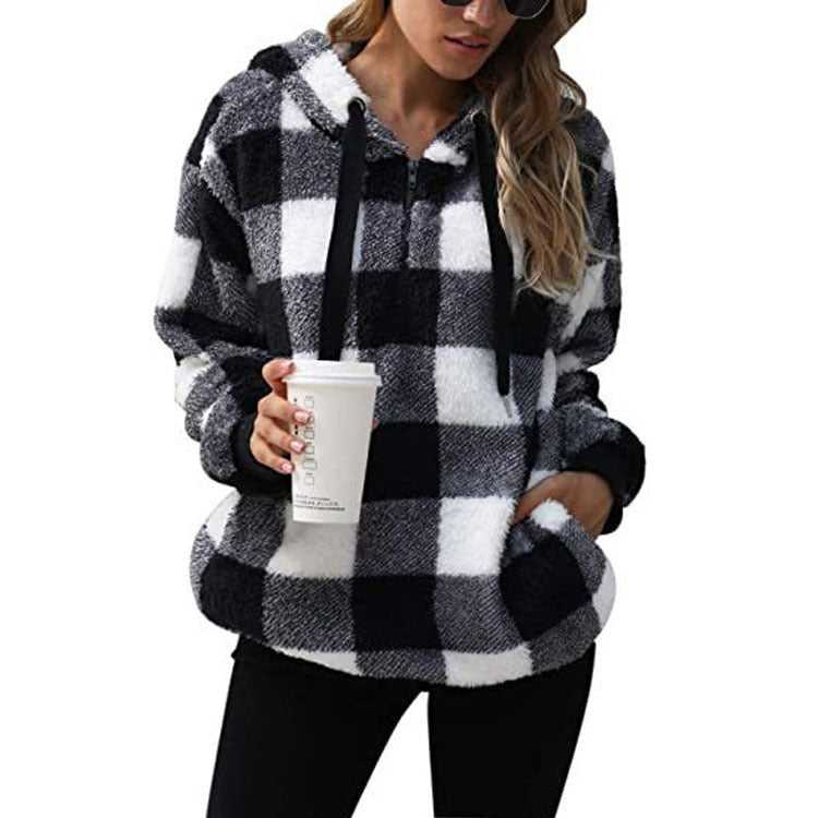 Long sleeve hooded plaid plush women's sweatshirt