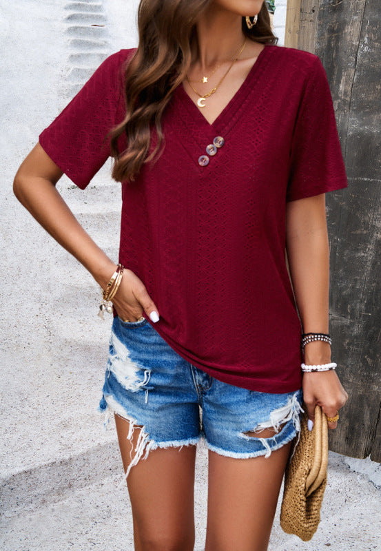 Women's casual solid color V-neck T-shirt