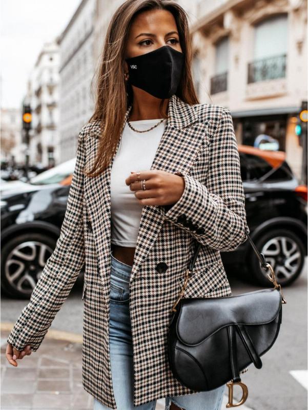 New coat button plaid printed small suit women's mid-length coat