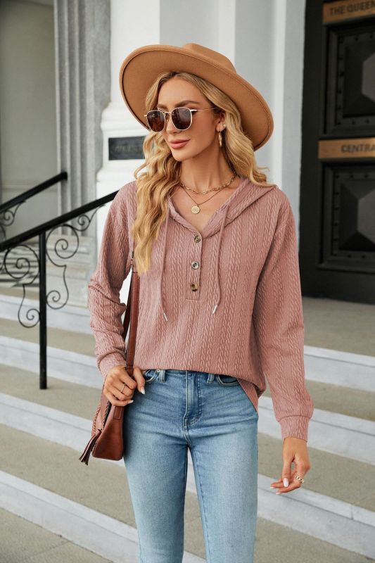 Women's Hooded Button Loose Long Sleeve Sweatshirt