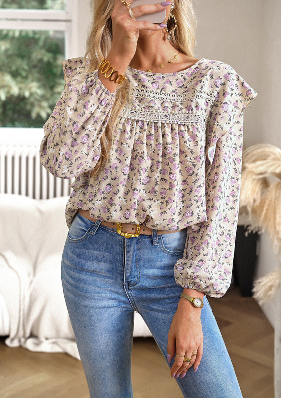 New women's round neck floral long-sleeved top