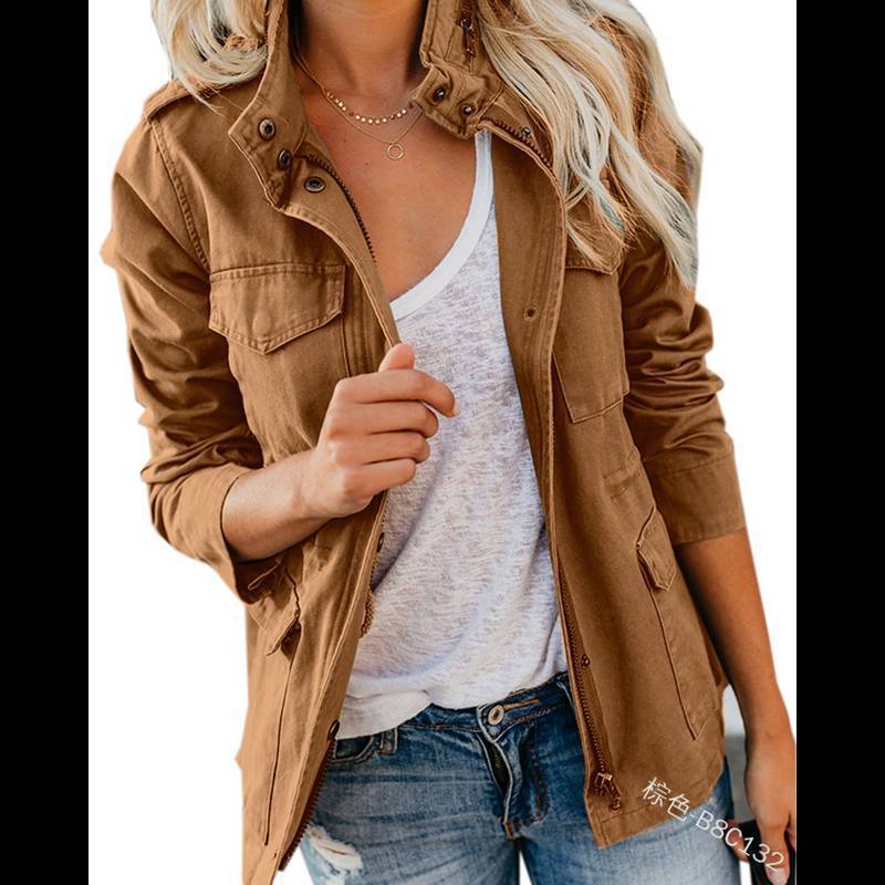 Slim fashion trendy solid color loose zippered multi-pocket jacket women's coat