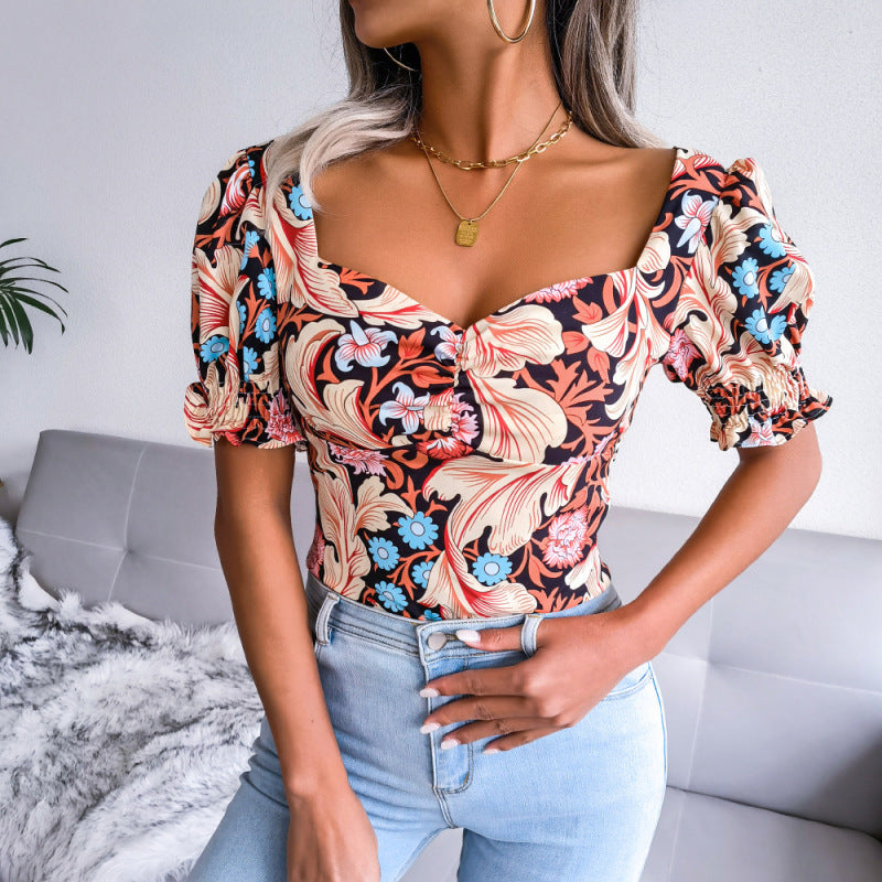 New Women's Sexy Square Neck Floral Chiffon Shirt Top