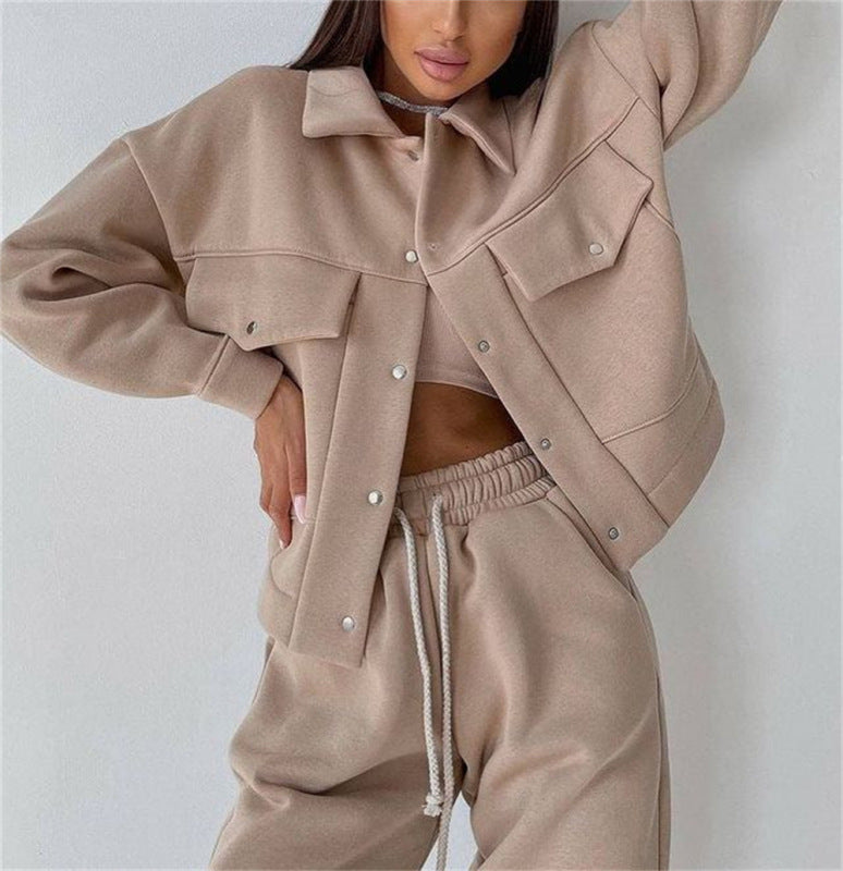 Solid color women's jacket jacket casual trousers suit long-sleeved jacket sweater two-piece suit