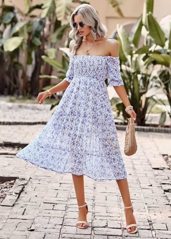 Puff Sleeve Narrow Waist Large Skirt Floral Print Dress