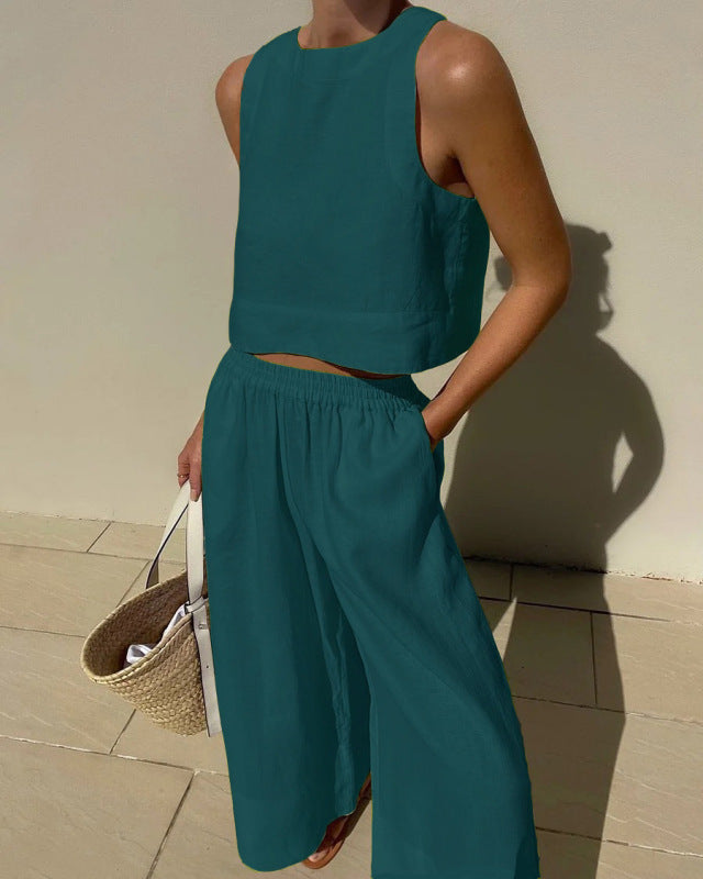 New casual loose solid color sleeveless shirt trousers two-piece set