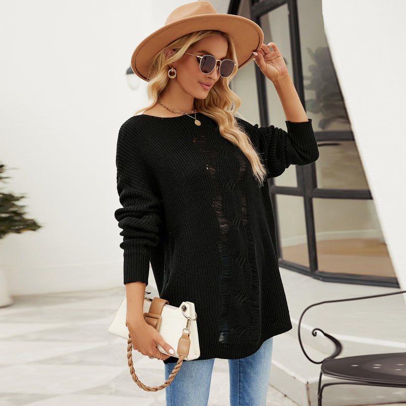 Fashion Solid Color Button Rope Knit Loose Pullover Sweater