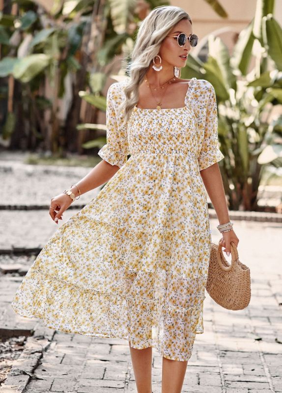 Puff Sleeve Narrow Waist Large Skirt Floral Print Dress