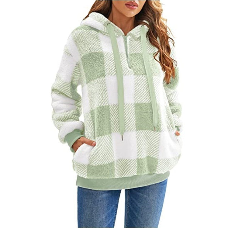 Long sleeve hooded plaid plush women's sweatshirt