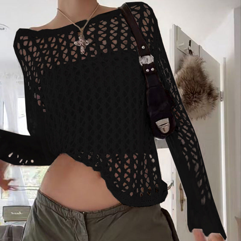Women's loose see-through mesh long-sleeved knitted top