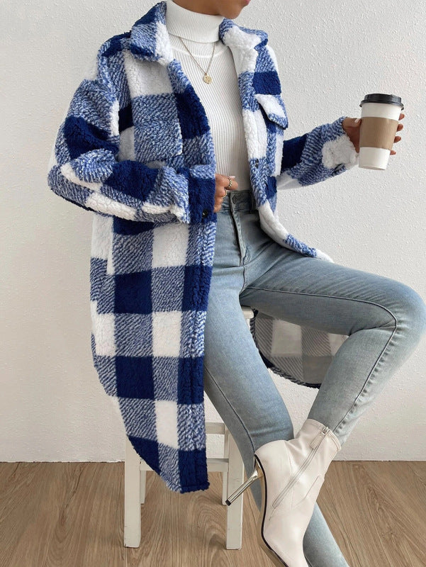 Autumn and winter open buckle lapel plush plaid coat loose temperament commuter long coat