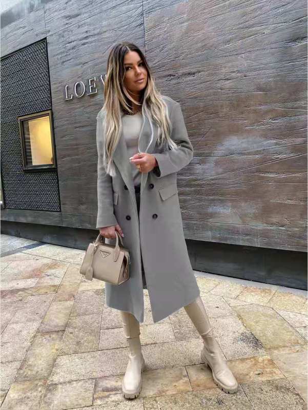 women's long sleeve suit collar double breasted woolen coat coat