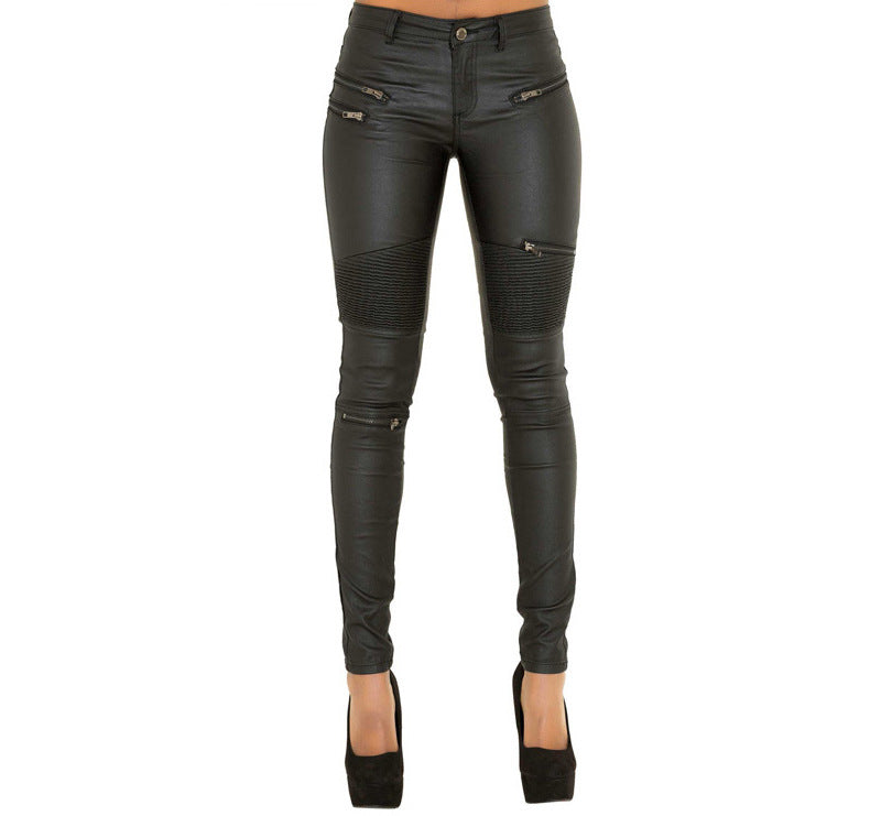 Women's PU skinny pants with multi-zip motorcycle trousers