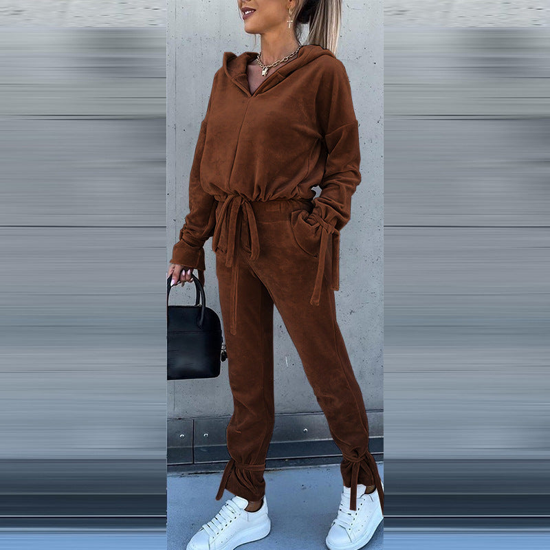 New casual long-sleeved solid color hooded sweater harem pants suit two-piece set