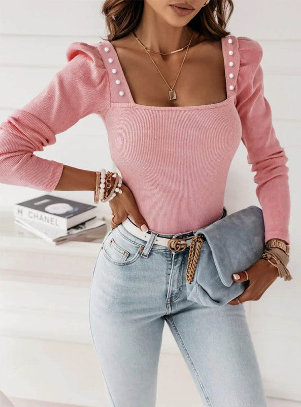 New women's solid color beaded long-sleeved pit strip top
