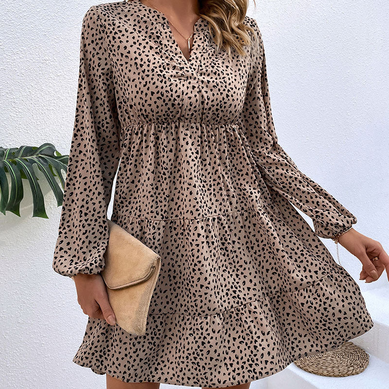 Pleated leopard-print puff-sleeved long-sleeved layered skirt dress