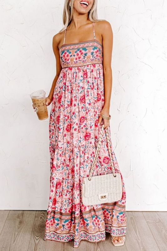 New Sling Floral Street Strap Backless Dress