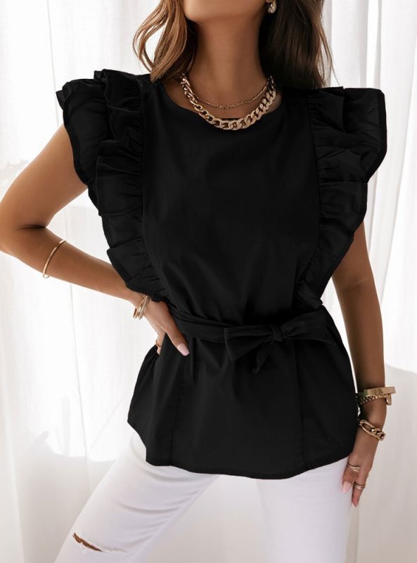 New solid color simple ruffled short-sleeved shirt with belt for women