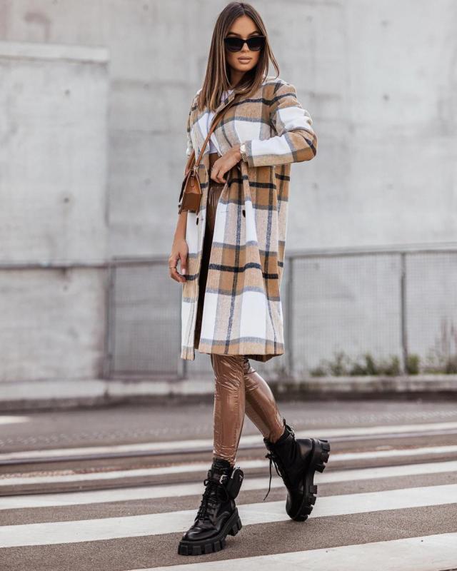 Women's mid-length plaid woolen printed coat