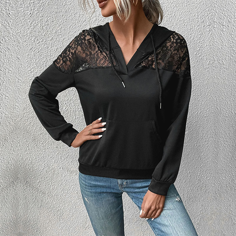 New long-sleeved black lace stitching women's hooded sweater