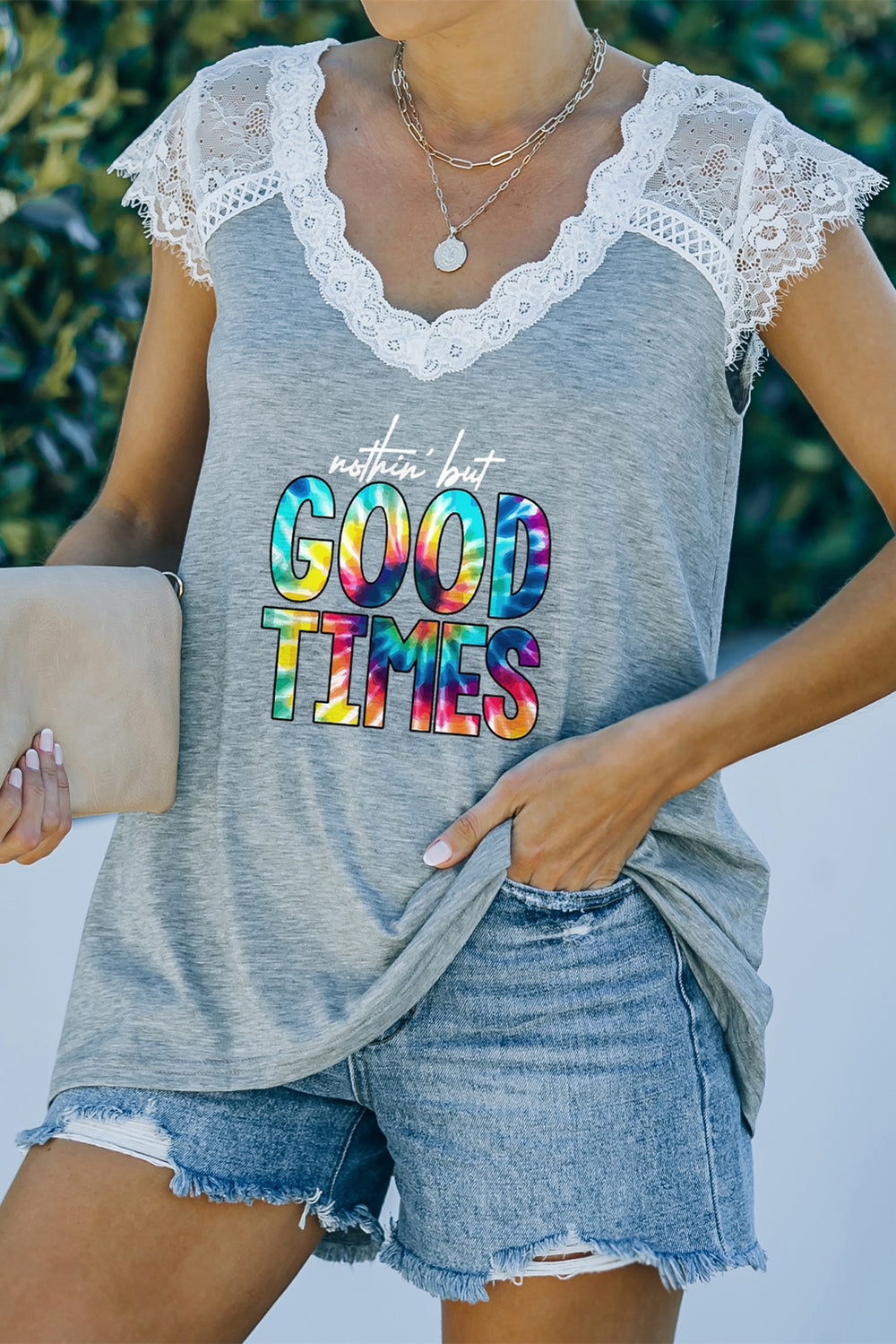 Lace Trim V-Neck NOTHIN BUT GOOD TIMES Graphic Tee