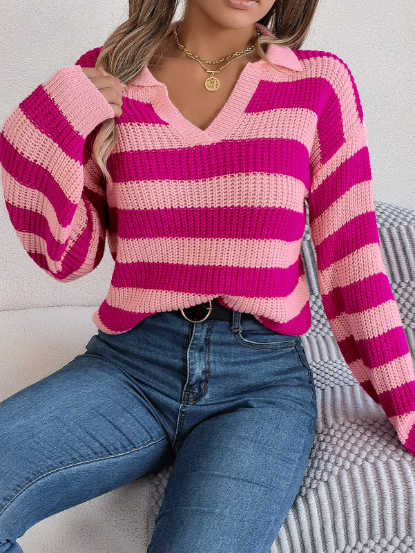 Casual Lapel Collar Contrast Stripe Long Sleeve Knit Pullover