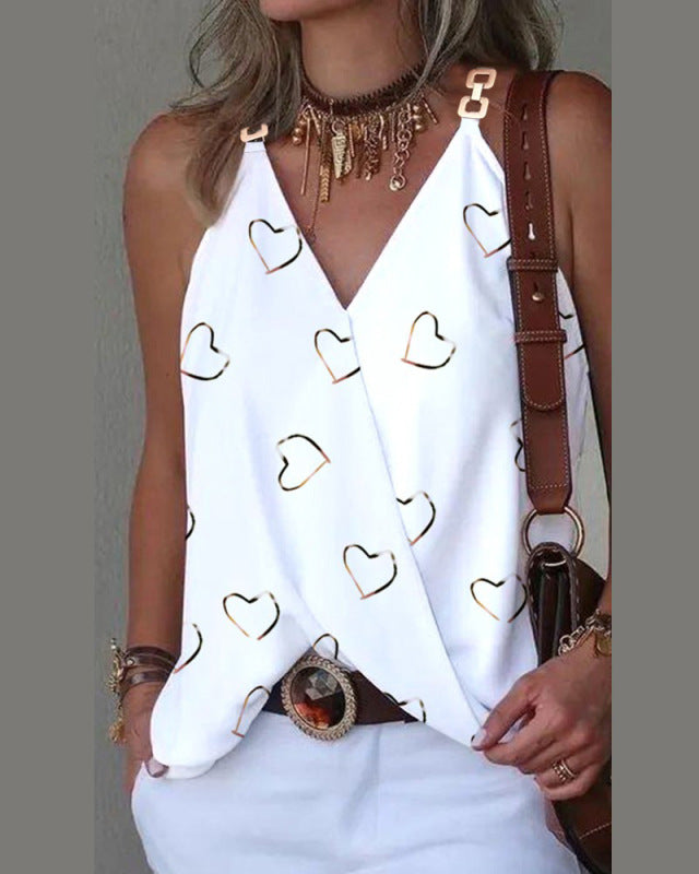 Simple V-neck Metal Buckle Printed Vest Top Women