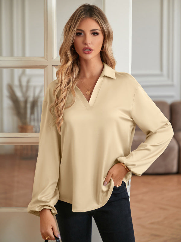 Loose V-neck knotted long-sleeved trendy blouse