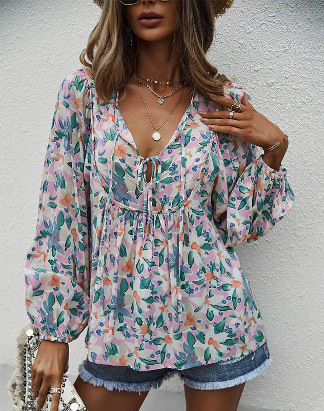 New style casual holiday style floral long-sleeved tie shirt top