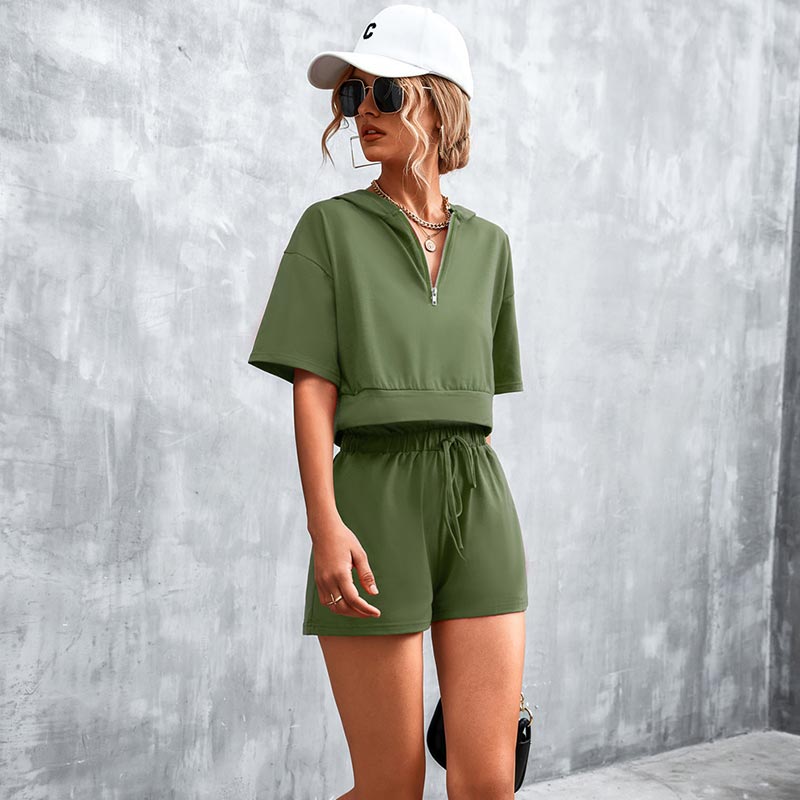 Solid Color Hooded Tracksuit Zip Casual Shorts Set