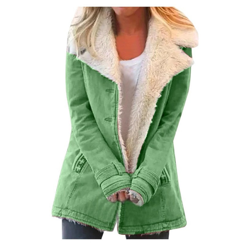 Autumn and winter solid color plush lapel mid-length coat