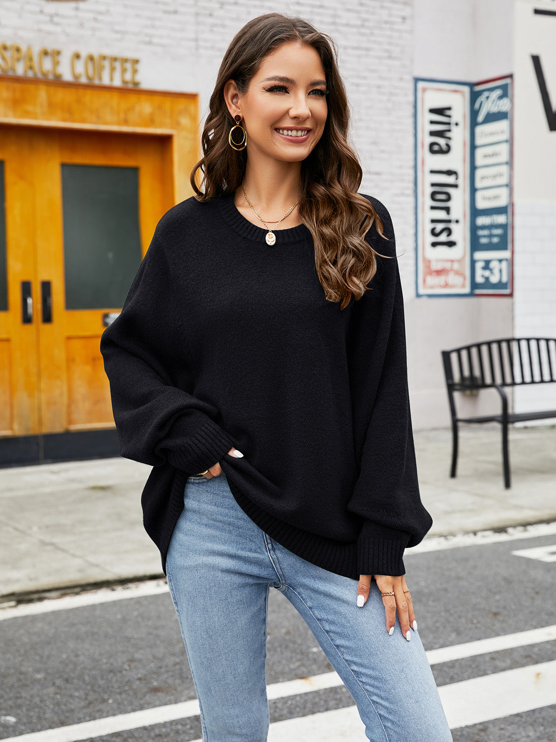 Round Neck Ribbed Trim Sweater