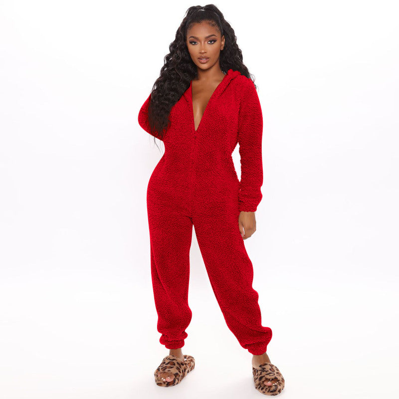 Long Sleeve Hooded Casual Jumpsuit Pants Plush Loungewear