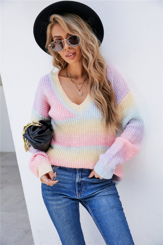 New Women's Rainbow Stitching Tie-Dye V-Neck Pullover Sweater