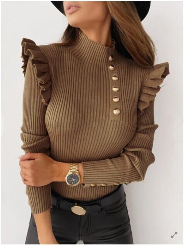 Women's Ruffled Long Sleeve Button Bottoming Knitted Top