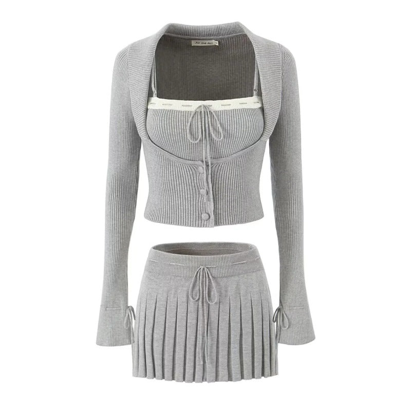 Women's New Lapel Long-sleeved Jacket + Color Matching Suspenders + Pleated Skirt