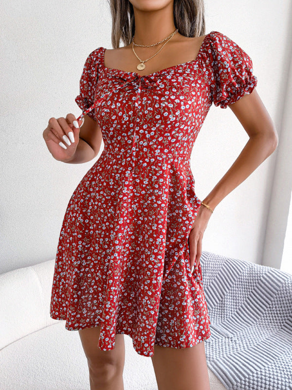 Casual Bell Sleeve Drawstring Tie Floral Swing Dress